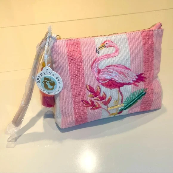 Spartina Carina Embroidered Flamingo Wristlet Pink & Cream NWT - Picture 2 of 15